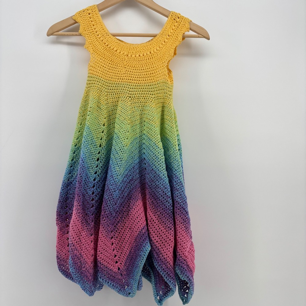 Handmade Crochet Dress Kids 5/6 Rainbow Ombre Chevron Sleeveless Whimsical Fairy